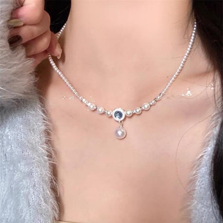 Aquamarine Blue Pearl Necklace, Broken Silver Collarbone Chain, Niche Design Sense, Sweater Chain Women'S French Light Luxury Niche Design Sense