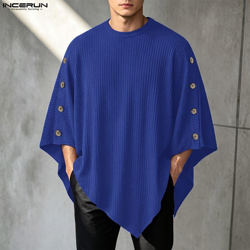 INCERUN Men Ribbed Knit Poncho Tops Side Button Batwing Sleeve Loose Casual Pullovers