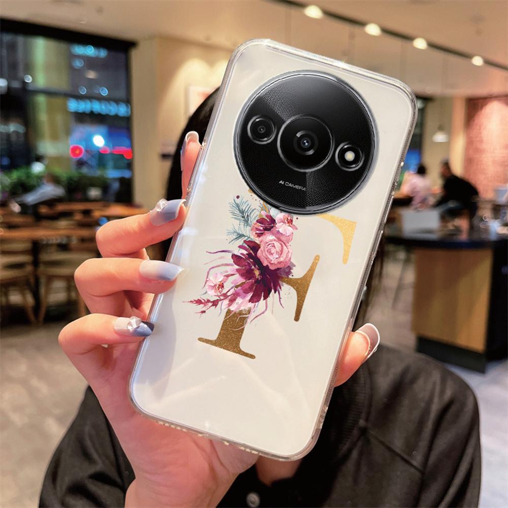 Phone Case For Xiaomi Redmi A3 Redmia3 Transparent Silicone Camera Protection Colorful Flowers Golden Letters A-Z Clear Cover