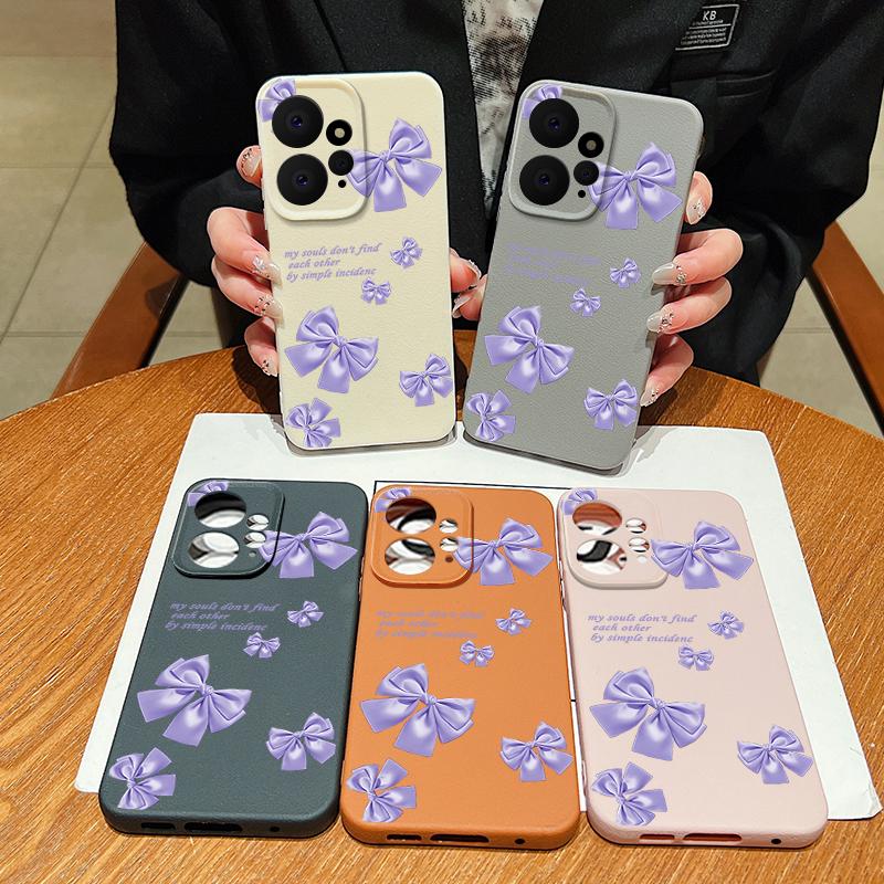 Purple Bowknot Print Leather Texture TPU Matte Case For Xiaomi 13T Poco X6 M6 Redmi Note 14 Pro 13 12 11 Lens Protection Soft Shockproof Phone Cover