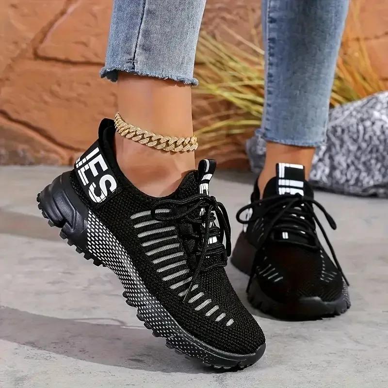 Sneakers Women Luxury Casual Tennis Fashionable Breathable Knitted Walking Shoes Black Anti Slip Lace Up Women'S Running Shoes