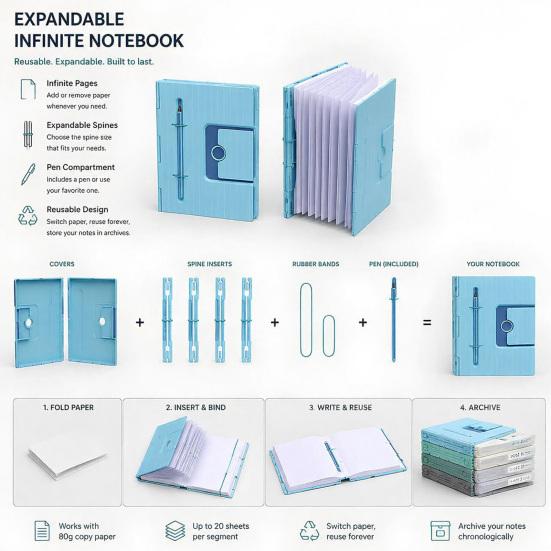 yangyizhi Infinite Expandable Notebook, Modular DIY Reusable Journal with Pen Holder, 3D Printed Cover for Office School, Sketchbook