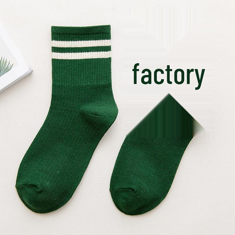 Japanese Style Women s Mid-Calf Cotton Socks - Double Stripe, Solid Color, Academy Style One Size зелёный