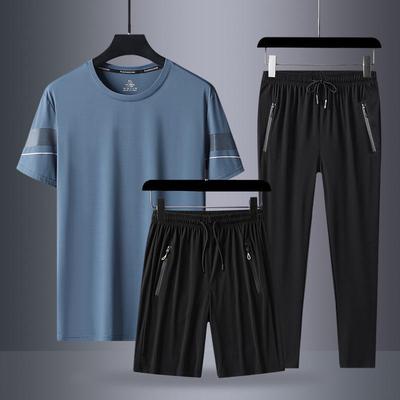 Ice Silk Men's Summer Three-Piece Sports Suit - Short-Sleeved Shirt & Trousers for All Ages