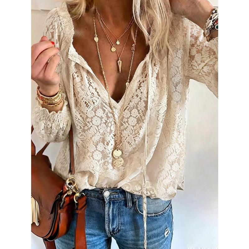 Loose Fit V Neck Long Sleeve Lace Solid Color Pullover Shirt