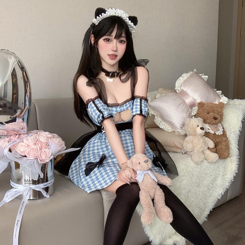 Pure Desire Hollow Out Dress Soft Sweet Servant Roleplay Outfit Sexy Lingerie Maid Uniform Cosplay Kawaii Female Plaid Skirt New