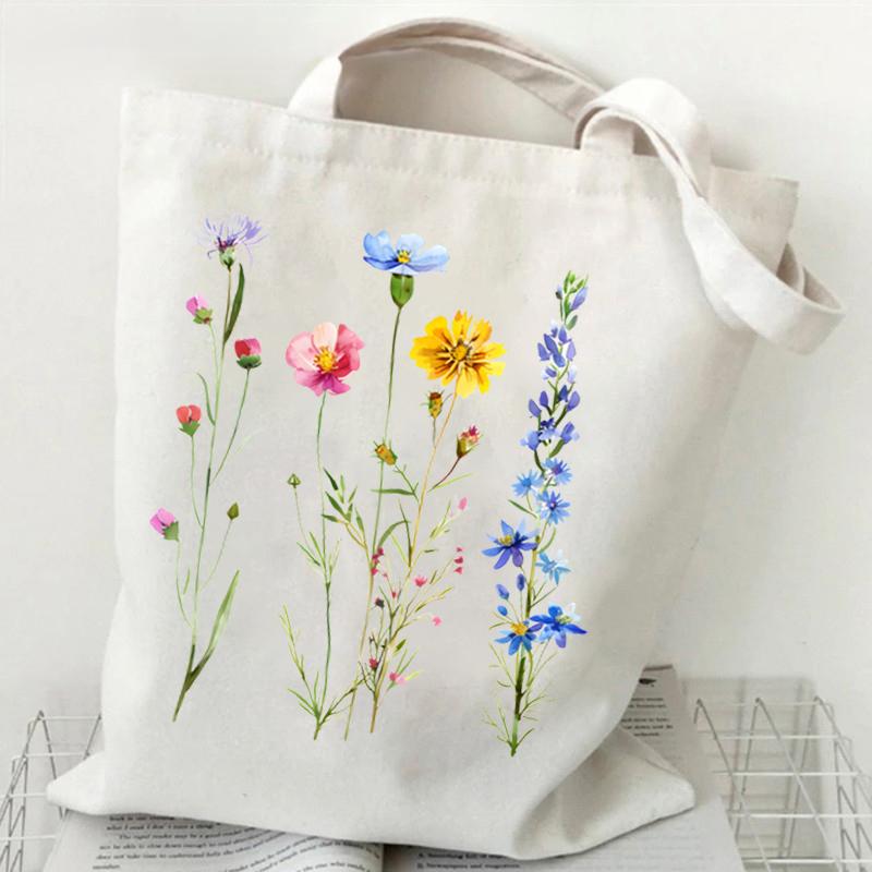 Woman's Shoulder Bag Wildflowers Pattern Tote Bags Canvas Shoulder Bags for Travel Daily Commuting Women's Reusable Shopping Bag