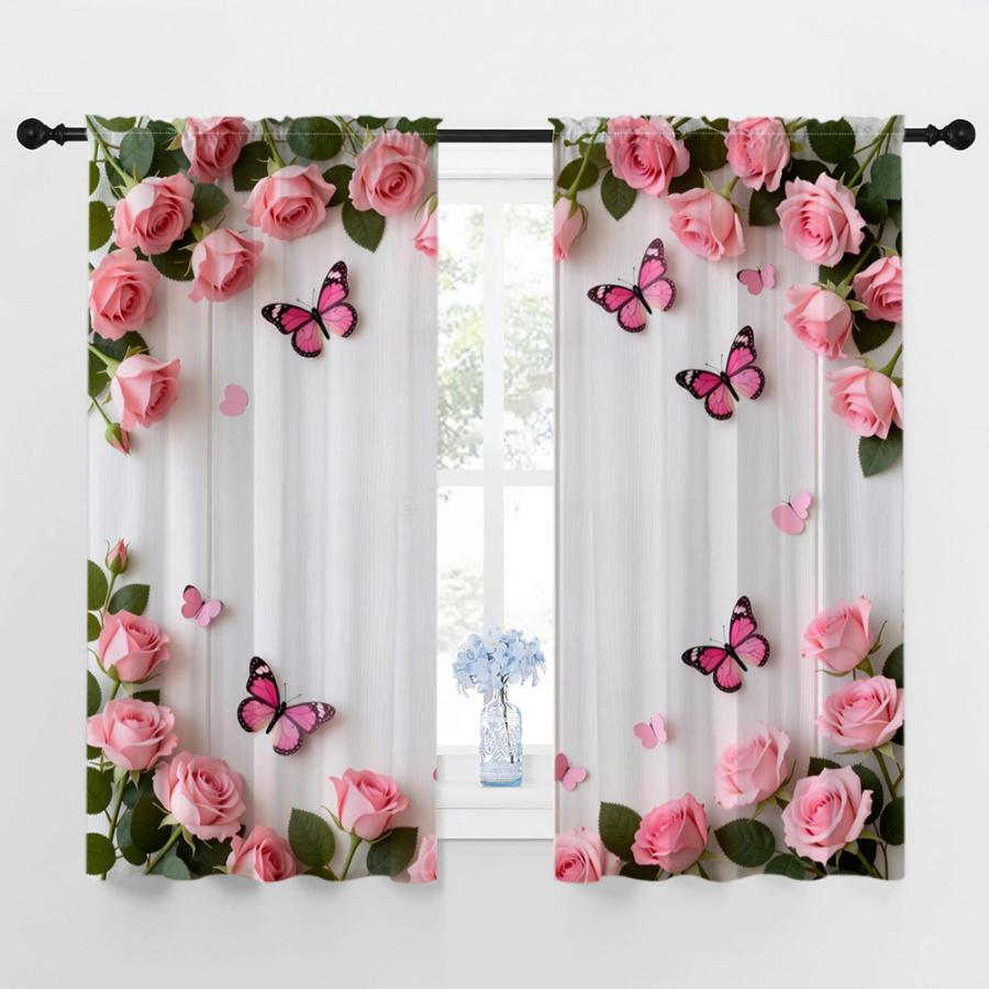 2PCS Digital Printed Curtains, Pink Rose Surrounding Pattern, Beautiful Window Drapes for Living Room Bedroom Home Decor
