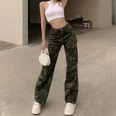High Street Tooling Camouflage Jeans Damen Frühling und Herbst Neu Hohe Taille Locker Gerade Weite Beine Skinny Hose Tide