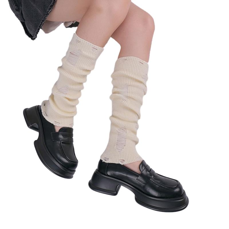 Japanese Punk Leg Warmers Women Solid Color Ribbed Knit Long Socks Y2K Distressed Ripped Boot Cuffs Leg Cover Streetwear