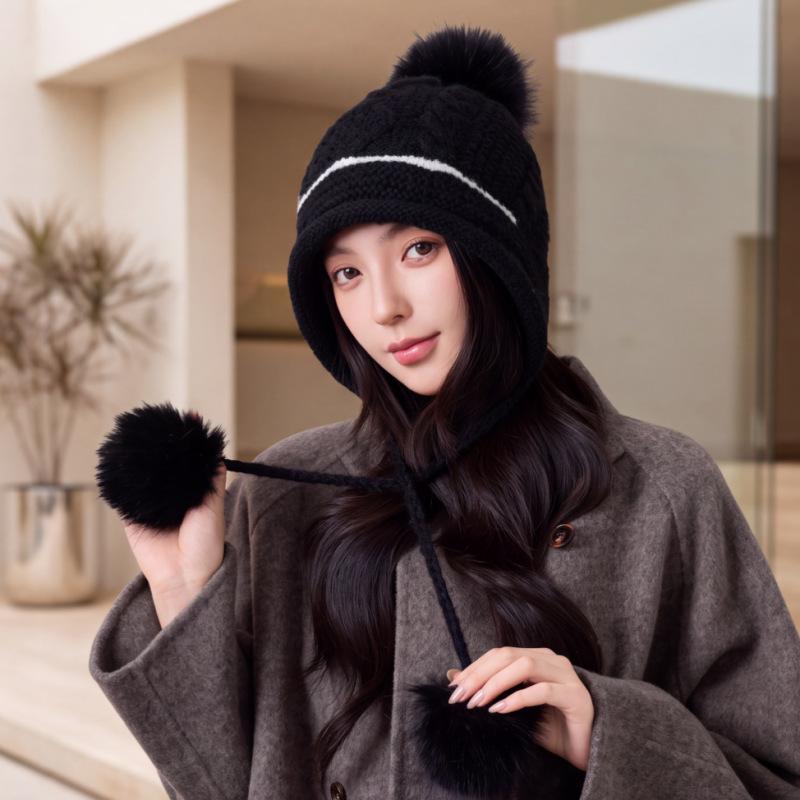 Winter new thickened warm and cold-proof rabbit hair wool hat women's hairball ear protection small face versatile knitted hat
