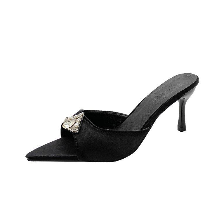 Summer new pointed open-toed rhinestone high-heeled sandals stiletto one pedal color high-heeled shoes half-drag women