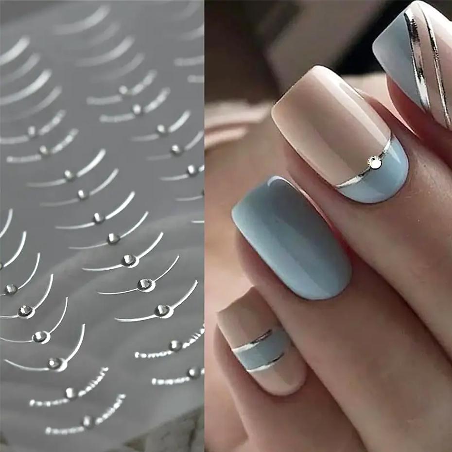 Strass 3D Linee Ondulate Argentate Adesivi per Unghie Decalcomanie Striscia Pizzo Perla Decorazioni per Nail Art Autoadesivi Gel Slider Manicure