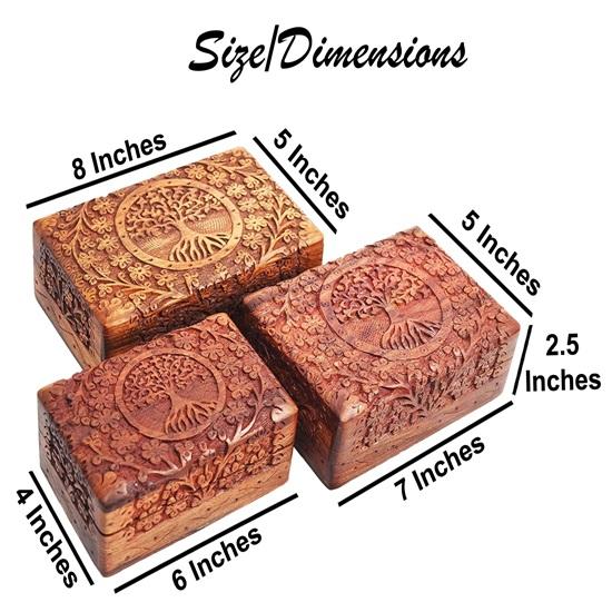 Set of 3 Wooden Jewellery Box for Women Wood Jewel Organiser Hand Carved with Tree Carvings Gift Items for Jewellery Organiser Gift