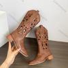 Comemore Hollow Out Western Cowboy Boots for Women 2025 Spring Summer Retro Embroidered Mid-calf Cool Boots Ethnic Knight Botas