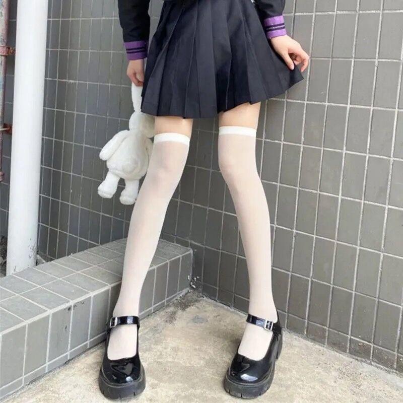 Stockings Black Ins Ripped Half Mesh Lace Long Tube Knee-high Sweet And Cute Core-spun Silk Thigh Socks