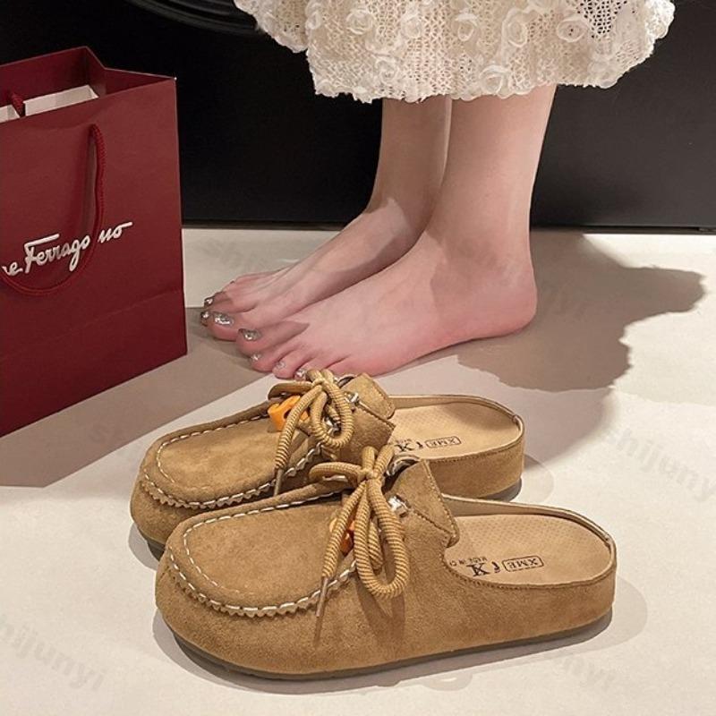 Vintage Women Half Slippers Autumn New Outdoor Height Increase Fashion Single Shoes Cross Tied  Slip on Comfortable Casual Flats