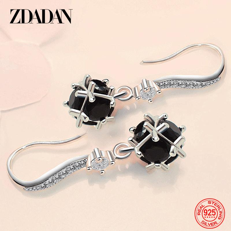 925 Sterling Silver Black Round Zircon Drop Earrings for Women Fashion Wedding Jewelry Gift