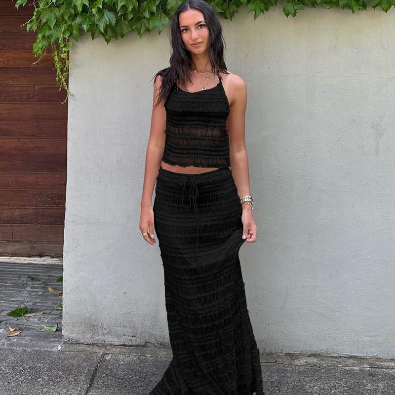 

Hanging Neck Backless Long Skirt Set Halter Backless Wrapped Chest Dress Suit Black L