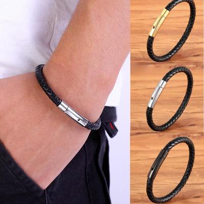 Simple Hip-hop Titanium Steel Braided Leather Bracelet Black Stainless Steel Punk Men's Bracelets Casual Sports Cycling Jewellery Accessories
