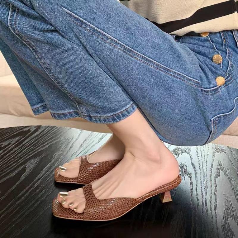 Fashion Women's Summer Low Heel Slides Open Toe Elegant Ladies Kitten Heel Slip-on Sandals Female Soft Comfortable Outdoor Heels Shoes
