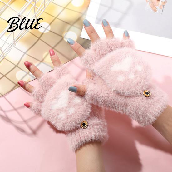 Fingerless Gloves with Flap Cover Furry Cat Paw Thermal Gloves Flip Top Mitten Button for Women Winter Cozy Outdoor Cold Weather Plush Half