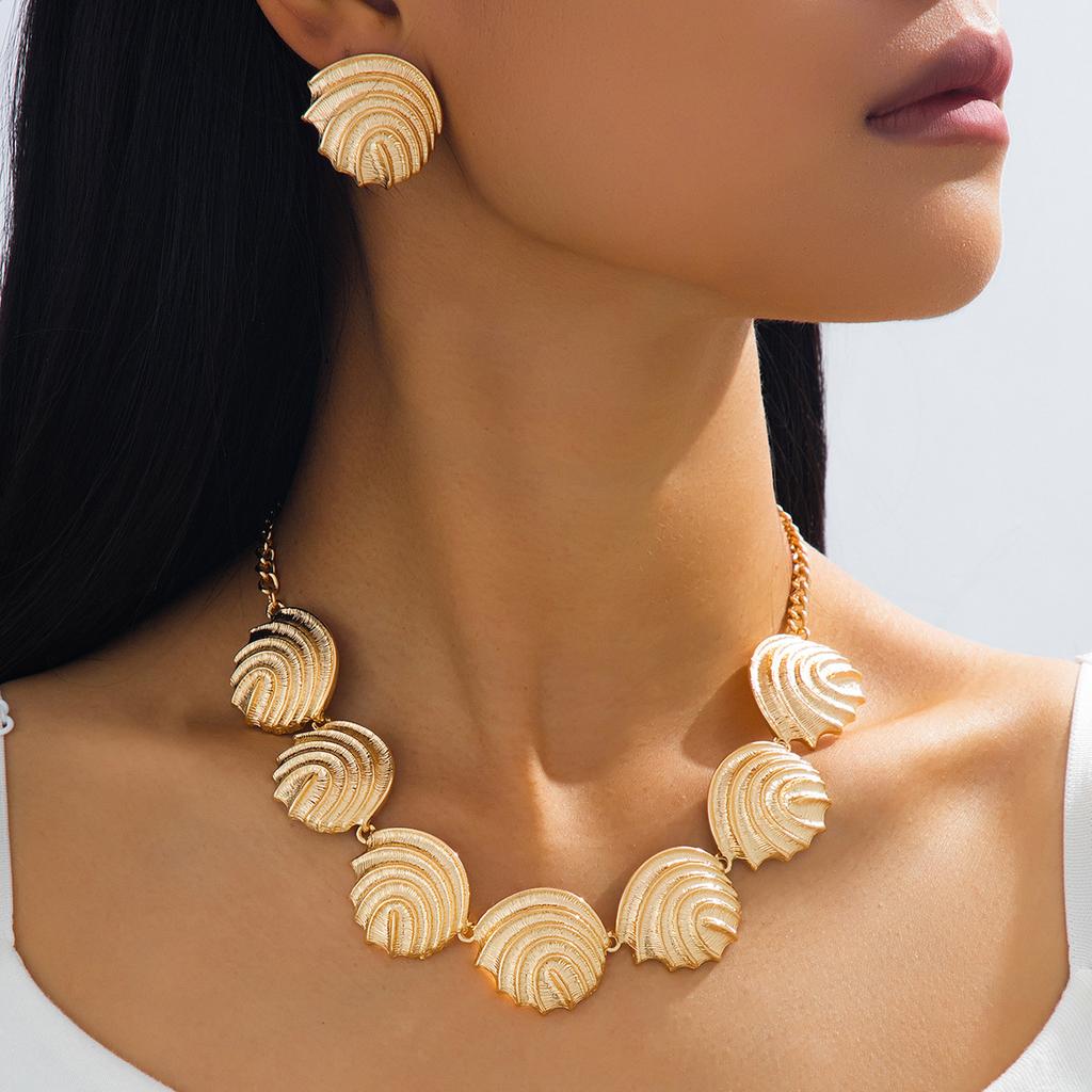 2 PCS/Set Vintage Conch Geometric Irregular Metal Jewelry Earrings Necklace Sets for Women Girls Creative Design Sense Sets