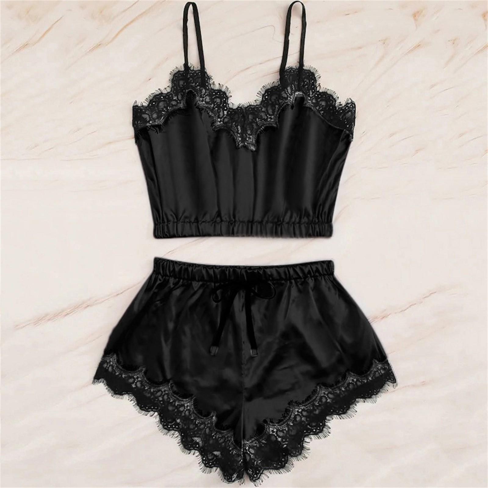 

Женская одежда для сна с кружевной отделкой, ночное белье, атласные пижамные комплекты на бретельках S чёрный