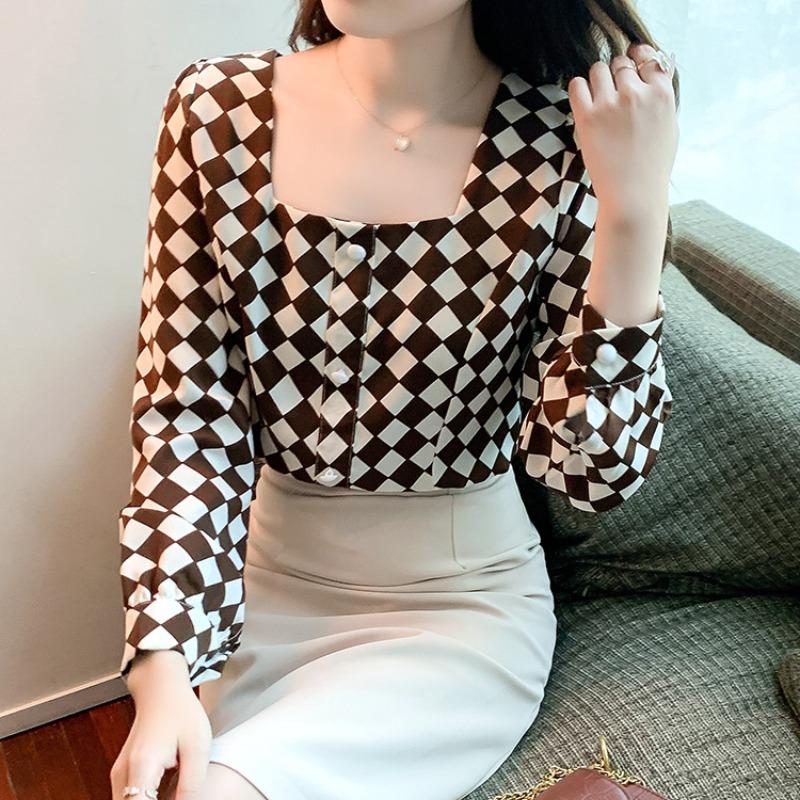 Temperament Square Neck Long Sleeve Retro Casual Shirt Women Fashion Tops Button Up Elegant Loose Blouse for Women Simple Slim Fit Shirts Woman 26350
