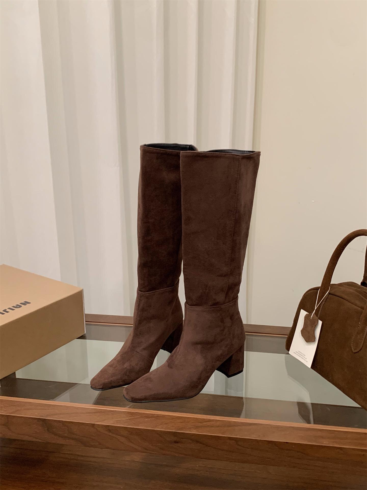 

Замшевые кофейные сапоги-ботфорты на высоком каблуке, женские сапоги 2025 осень-зима, юбка, облегающие сапоги средней длины 39