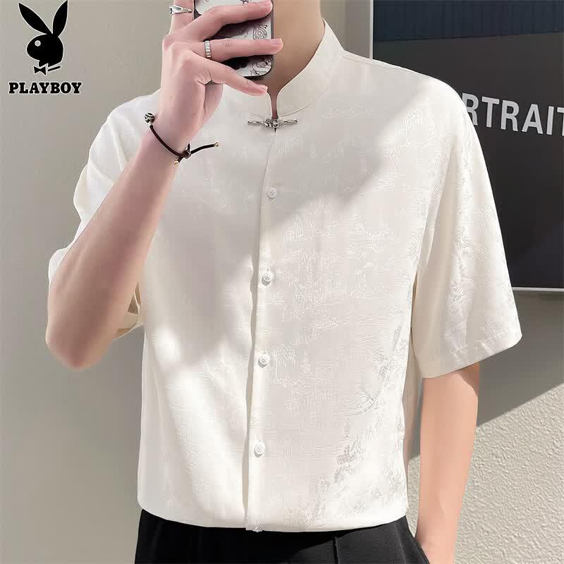 PLAYBOY Men's Ice Silk Short-Sleeve Stand Collar Jacquard Shirt