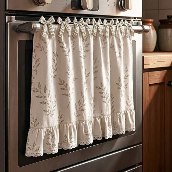 Oven Skirt with 7 Ribbon Ties Mushroom Flower Pumpkin Pattern Farmhouse Kitchen Decorative Cabinet Dishwasher Appliance Oven Curtain
