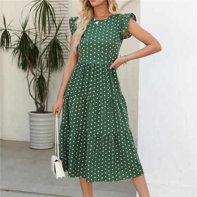 Polka Dot Print Sommer Damen Langes Kleid Rundhalsausschnitt Rüschen Ärmellos