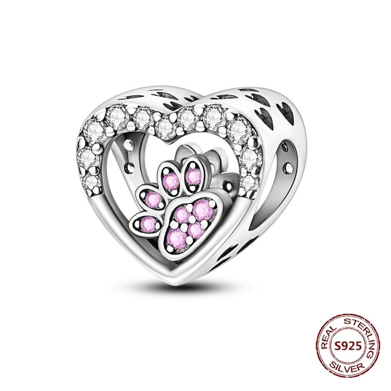 Copper Original Dog Cat Safety Chain Lazy Cat Pink Zircon Pet Paw Print Footprint Charms Fit Bracelet For Women Diy Jewelry