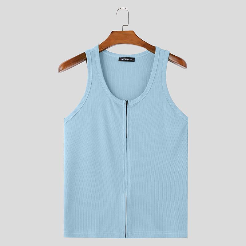 INCERUN Men Summer U Neck Sleeveless Zipper Rib Skinny Tank Tops