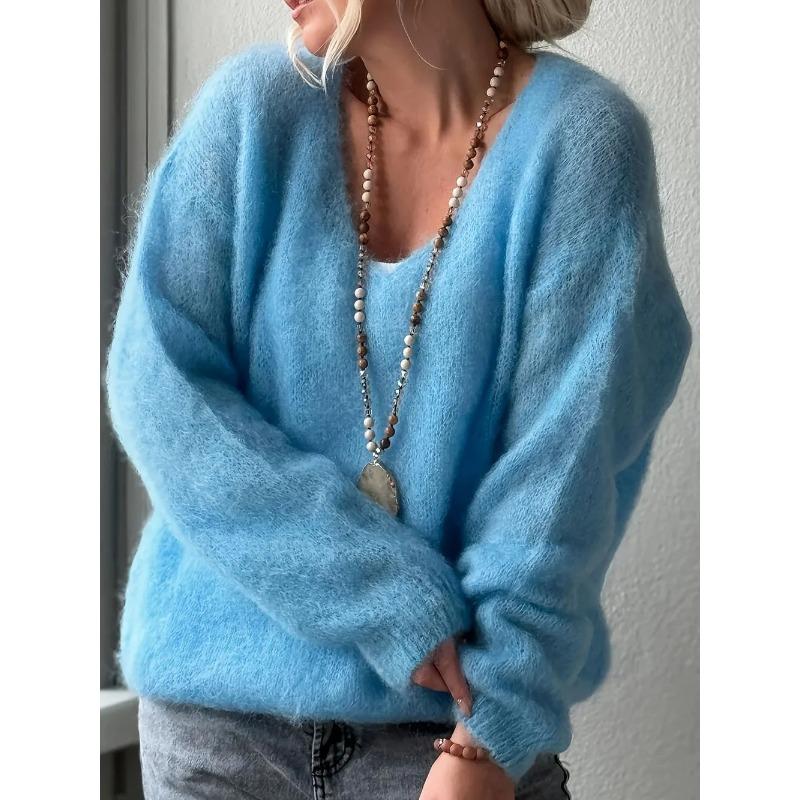 V-neck Long Sleeved Pullover Casual Sweater Women Autumn Winter Knitted Jumper Fashion Solid Color Loose Thin Clothes