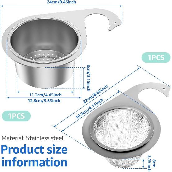 2 Pcs Stainless Steel Swan Sink Strainer Basket, Sink Strainer Colander Drain Basket, Faucet Hanging Filter Basket, Corner Sink Strainer for Kitchen