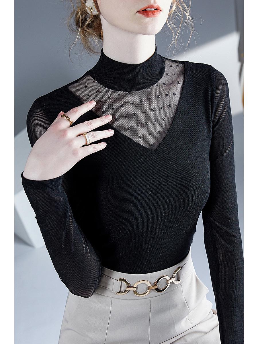 

2025 Стильный женский сетчатый топ с длинными рукавами и полувысоким воротником на весну/осень 5XL чёрный