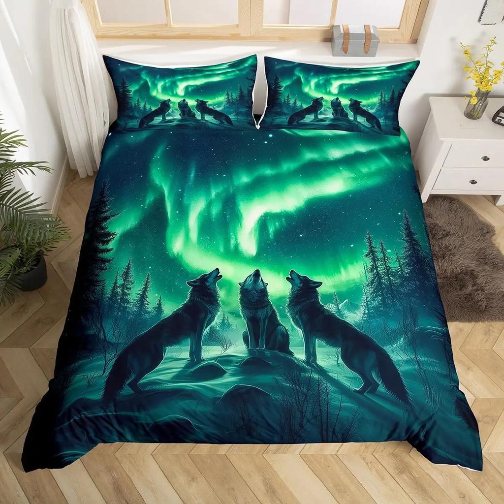 Wolf Duvet Cover Twin King Size, Roaring Wolves Wildlife Bedding Set Aurora Animals Galaxy Print Comforter Cover for Kids Boys