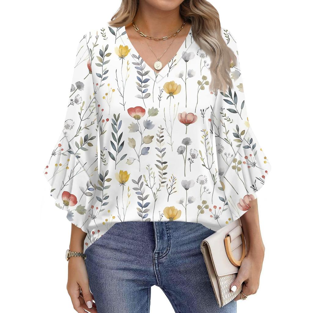 Blouses For Women Dressy Casual 3/4 Length Sleeve Womens Tops V Neck Tshirts Shirts With Flared Sleeve