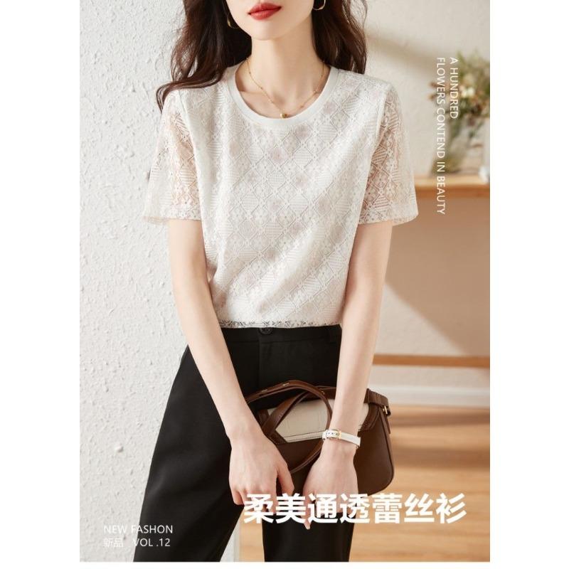 Lace Short-sleeved T-shirt Women's New Design Niche Loose Slim Chiffon Shirt White Top