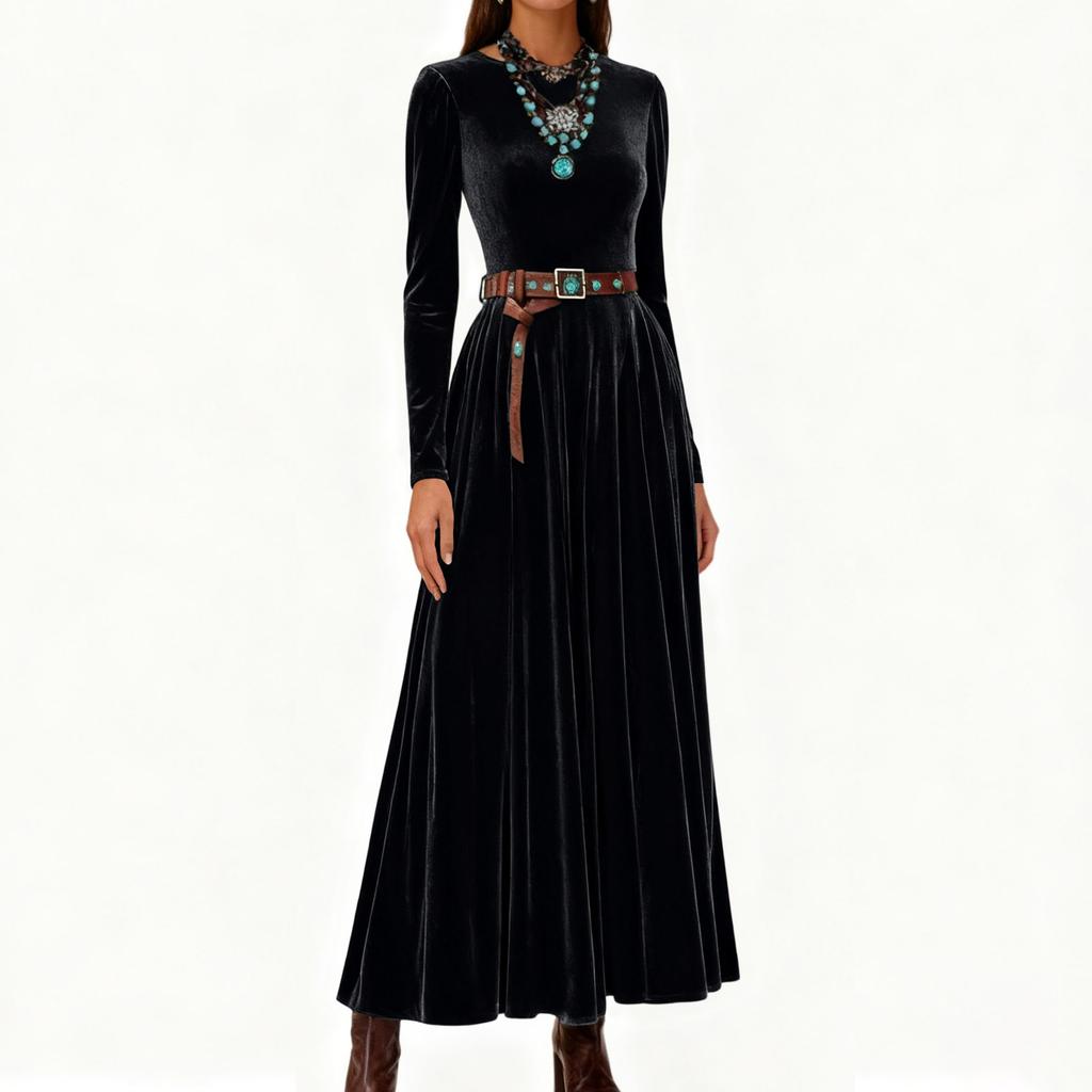 Damen Casual Mode Rundausschnitt Langärmlig Retro Weihnachtsprint Retro Kleid