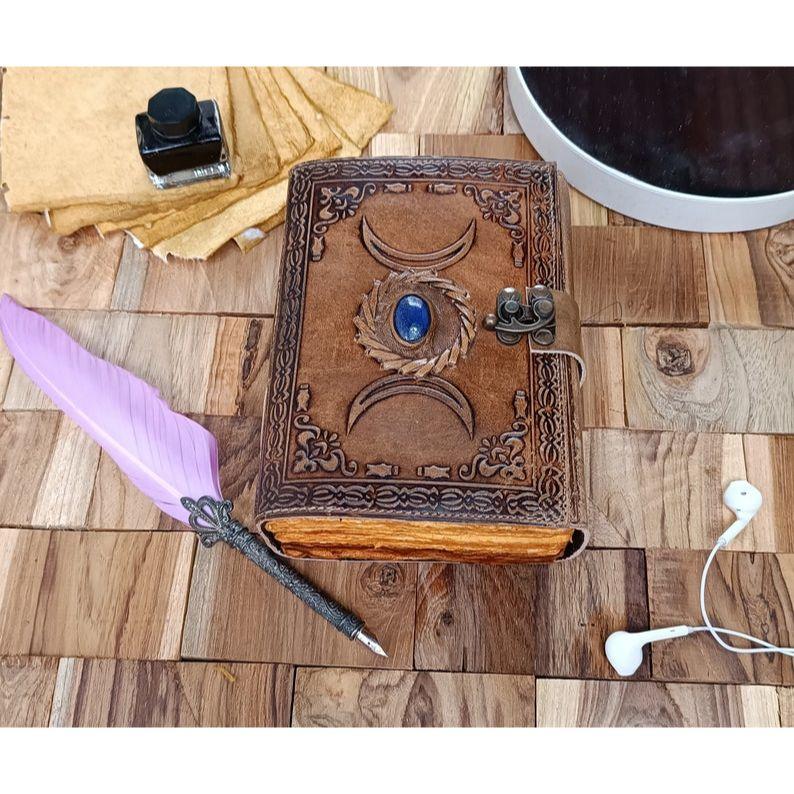 Triple Moon Lapis Leather Journal: Antique Spell Book Grimoire