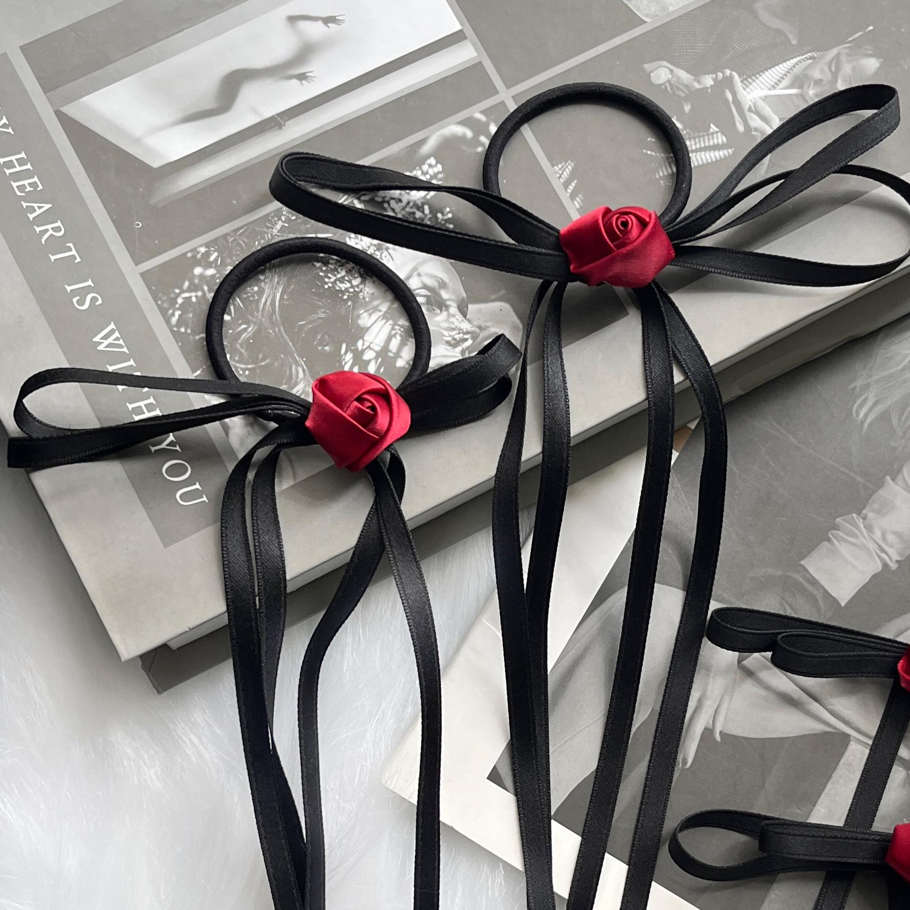 

High-End French Bow Ribbon Rose Hair Clip for Women Dried Red Rose