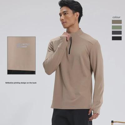 Dijia Herren Schnelltrocknender Laufpullover: Langärmlig, Stehkragen, Halbreißverschluss, Fingerschutz für Fitnesstraining.