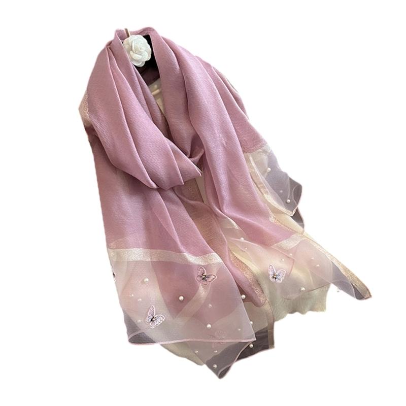 Elegant Embroidered Butterfly Silk Scarf For Women Lightweight Polyester Hijab Shawl Wrap Stole Accessory Gift