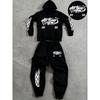 Retro Men's Casual Hooded Sweatshirt and Drawstring Waistband Sweatpants Set with Letter Design Pattern Print Suitable for Casual Wear
