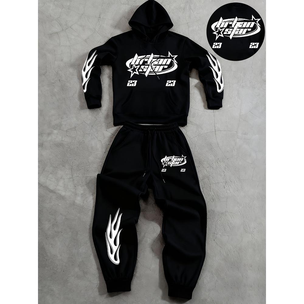 Retro Men's Casual Hooded Sweatshirt and Drawstring Waistband Sweatpants Set with Letter Design Pattern Print Suitable for Casual Wear