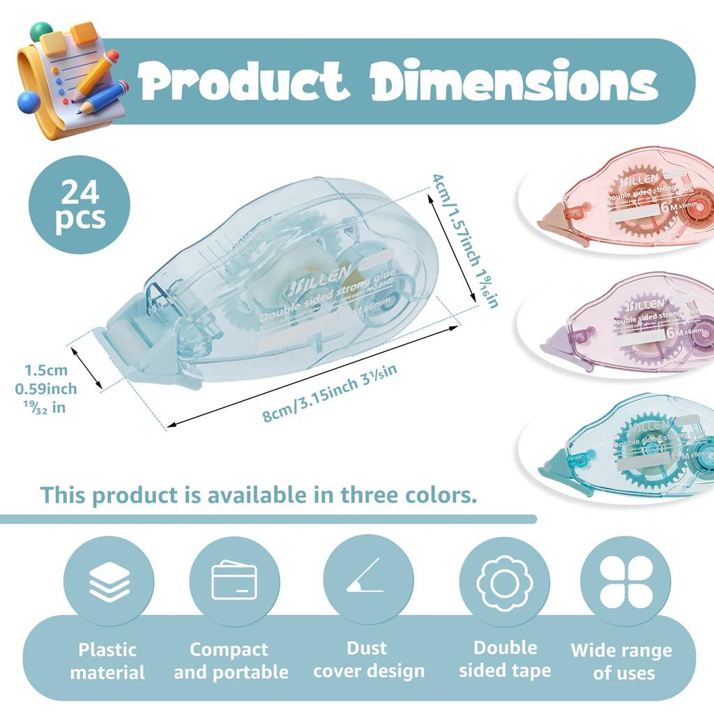24 Packs Glue Tape Roller Double Sided Adhesive Tape Dispenser Scrapbooking Supplies 6m x 6mm for Cards Journaling Gift Wrapping