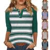 T-shirt imprimé boutonné à manches 3/4 pour femme - Haut basique à col en V - Mode quotidienne - Week-end